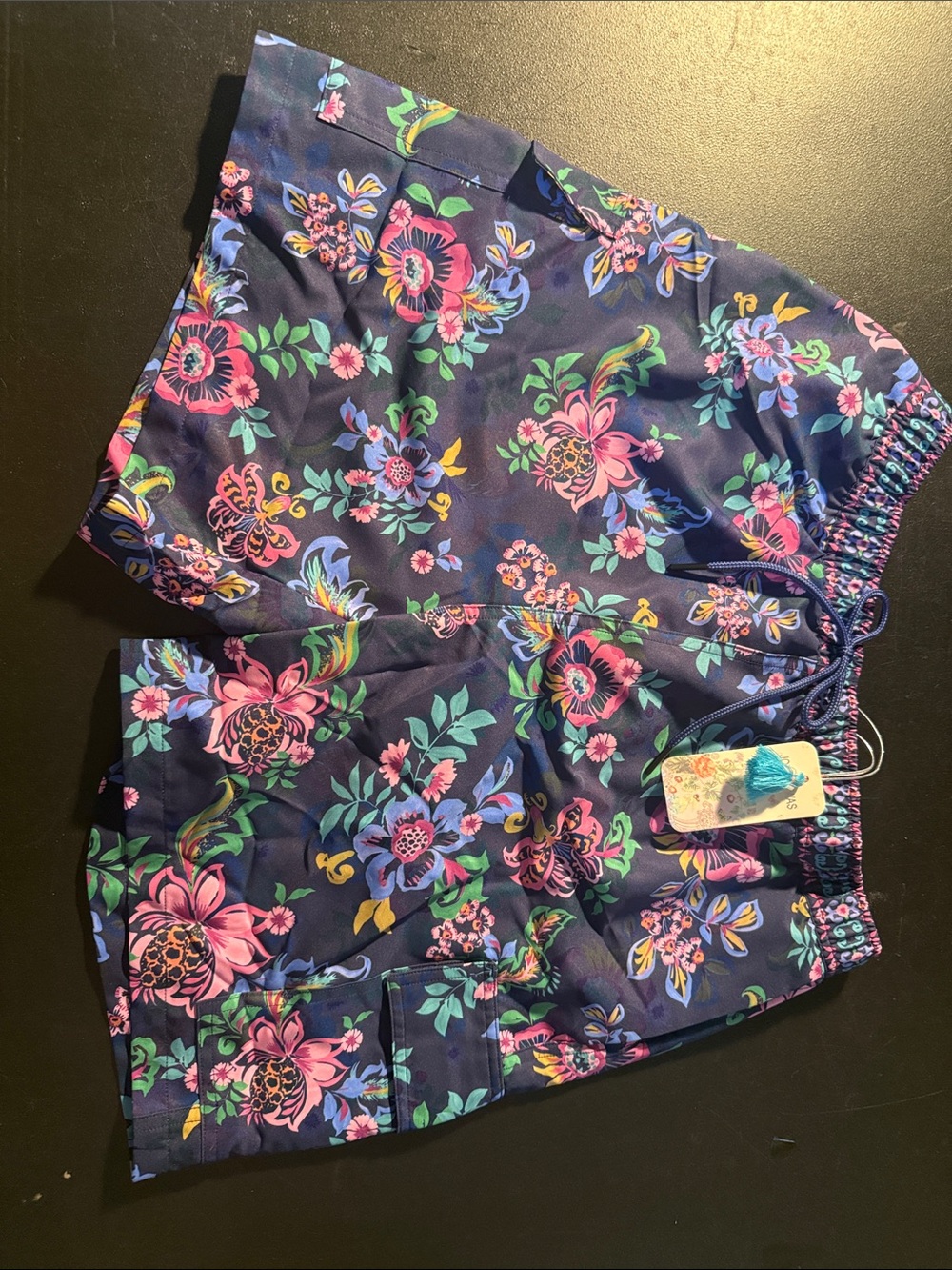 Johnny Was Floral Drawstring Swim Shorts in Navy with Pink & Green Flowers